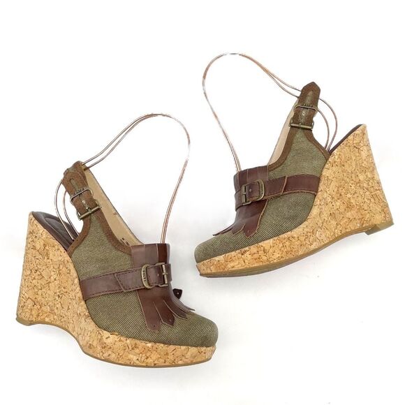 Frye Pepper Kiltie Wedge Sandals Sz 6 Brown Leather Canvas Cork Slingback Buckle - Picture 11 of 16